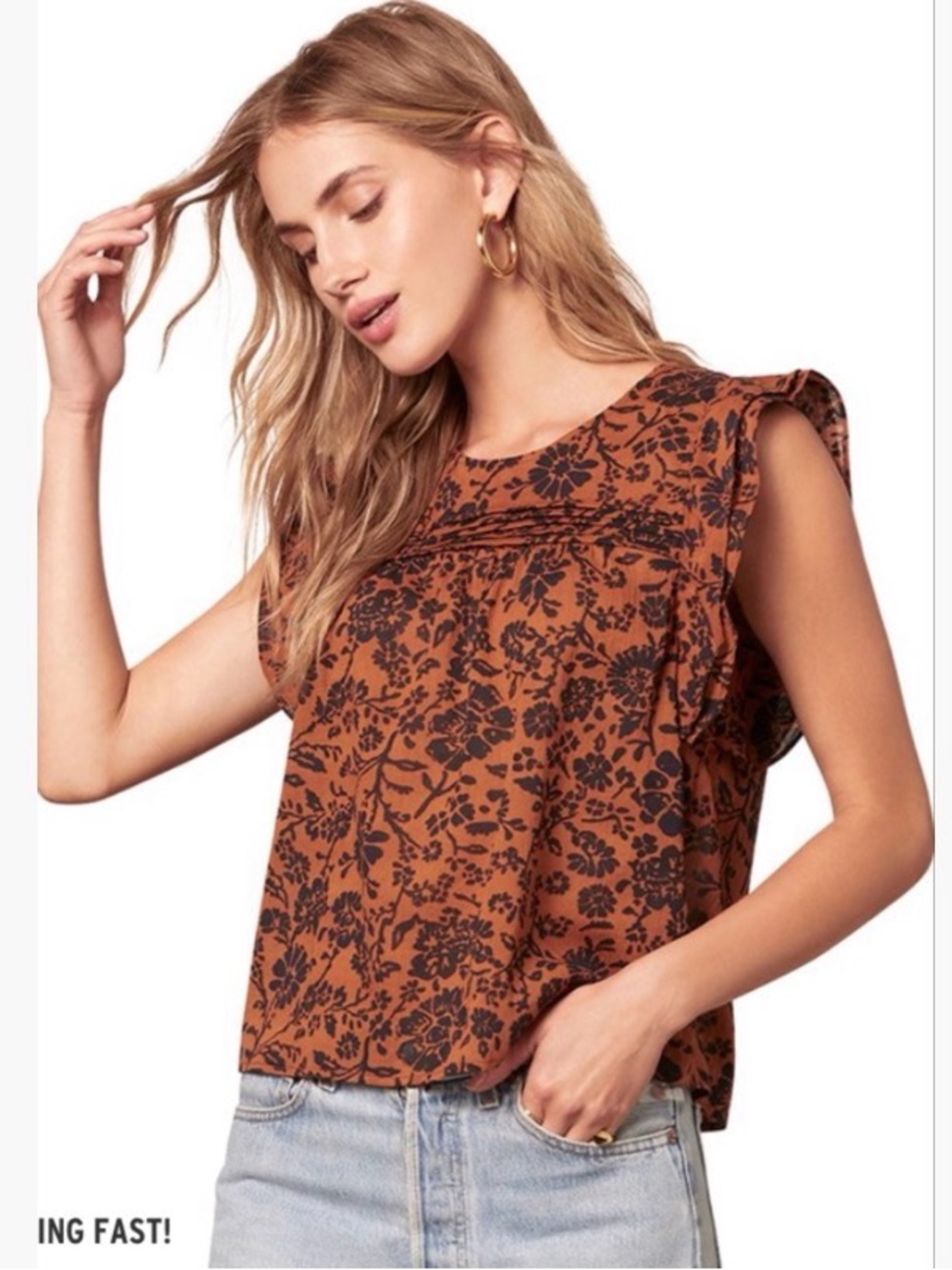 BB Dakota Burnt Orange Floral Pintuck Sleeveless Top